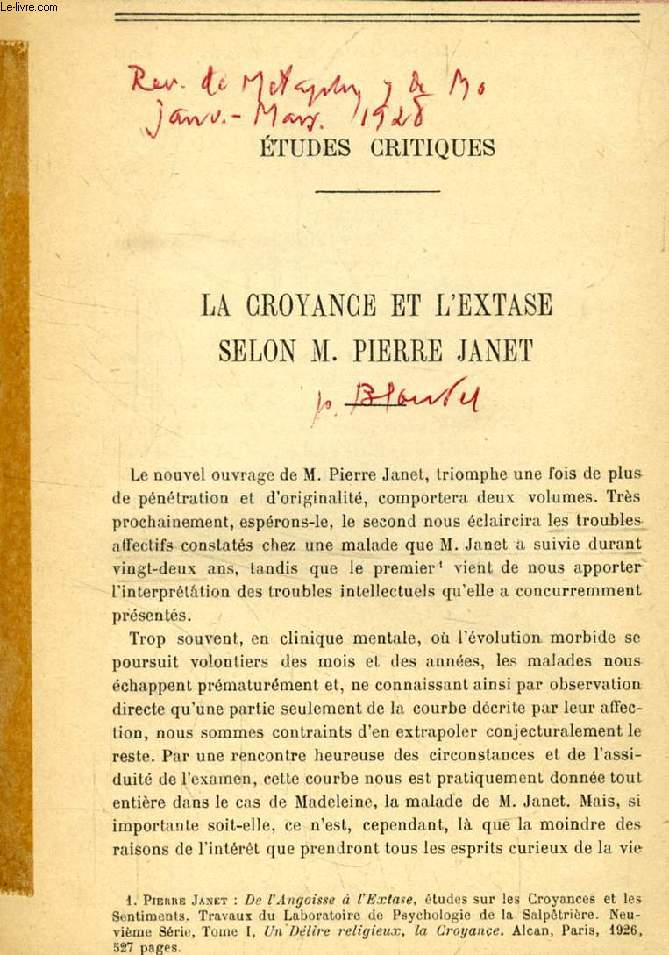 LA CROYANCE ET L'EXTASE SELON M. PIERRE JANET (TIRE A PART)