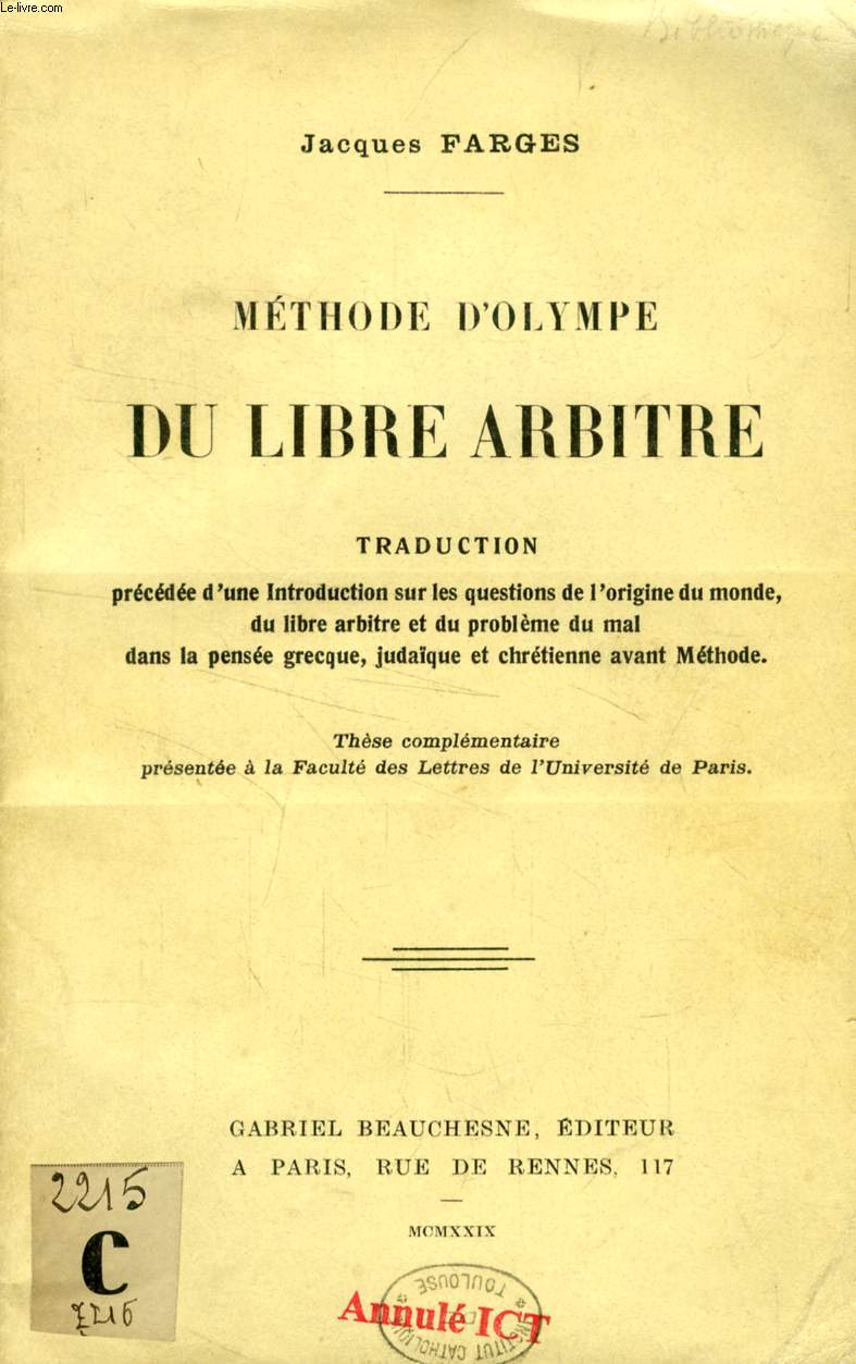 METHODE D'OLYMPE DU LIBRE ARBITRE, TRADUCTION (THESE)
