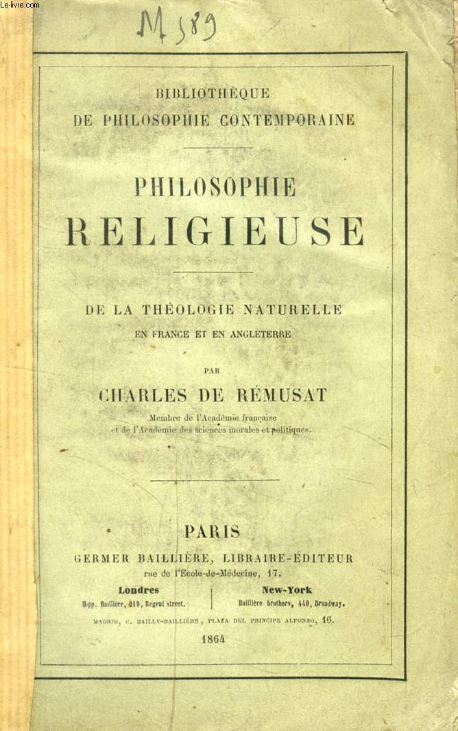 PHILOSOPHIE RELIGIEUSE DE LA THEOLOGIE NATURELLE EN FRANCE ET EN ANGLETERRE