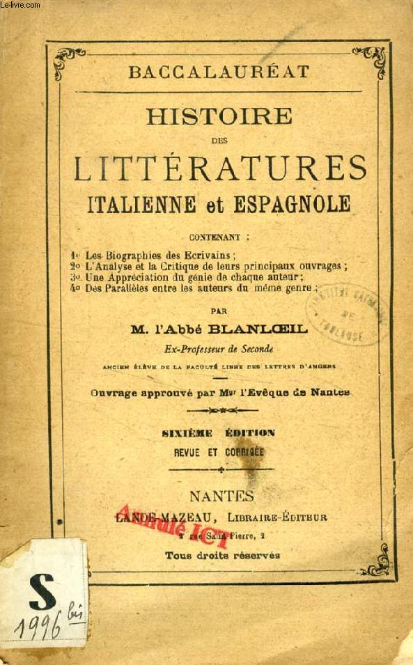 HISTOIRE DE LA LITTERATURE ITALIENNE ET DE LA LITTERATURE ESPAGNOLE (BACCALAUREAT)