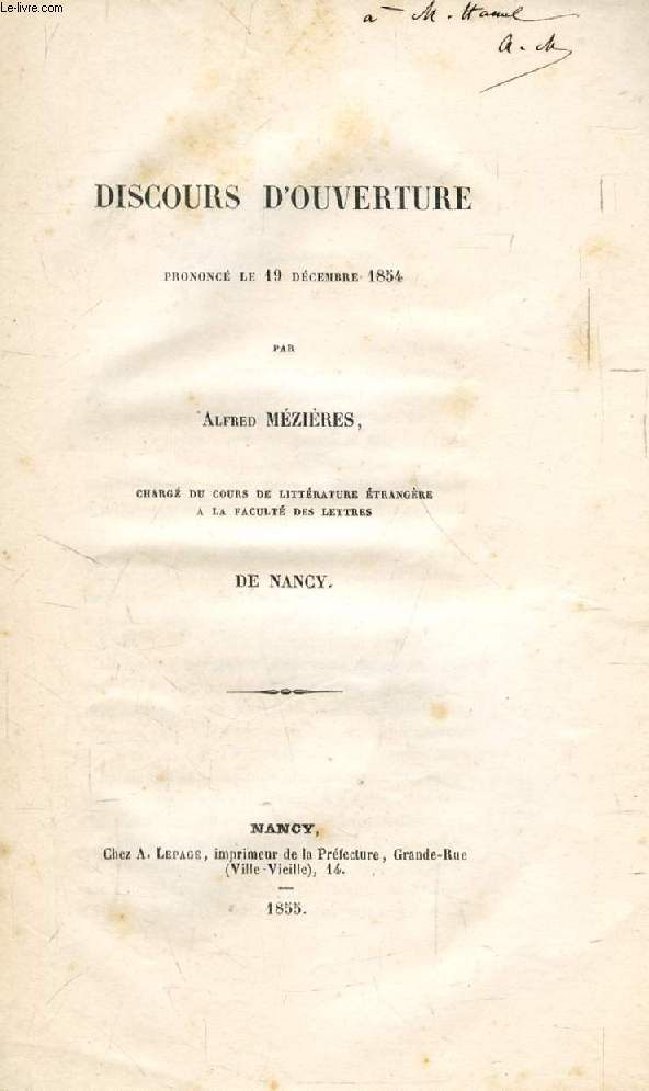 DISCOURS D'OUVERTURE PRONONCE LE 19 DECEMBRE 1854