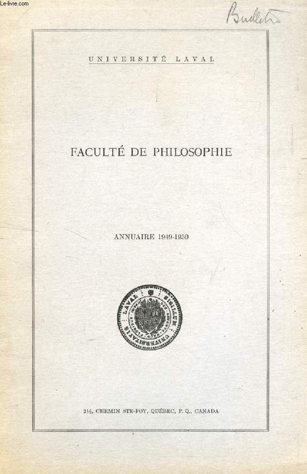 UNIVERSITE DE LAVAL, FACULTE DE PHILOSOPHIE, ANNUAIRE 1949-1950