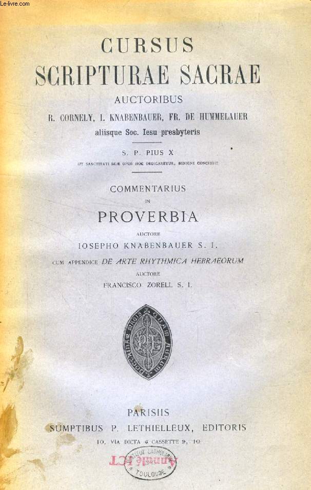 COMMENTARIUS IN PROVERBIA, CUM APPENDICE: DE ARTE RHYTHMICA HEBRAEORUM