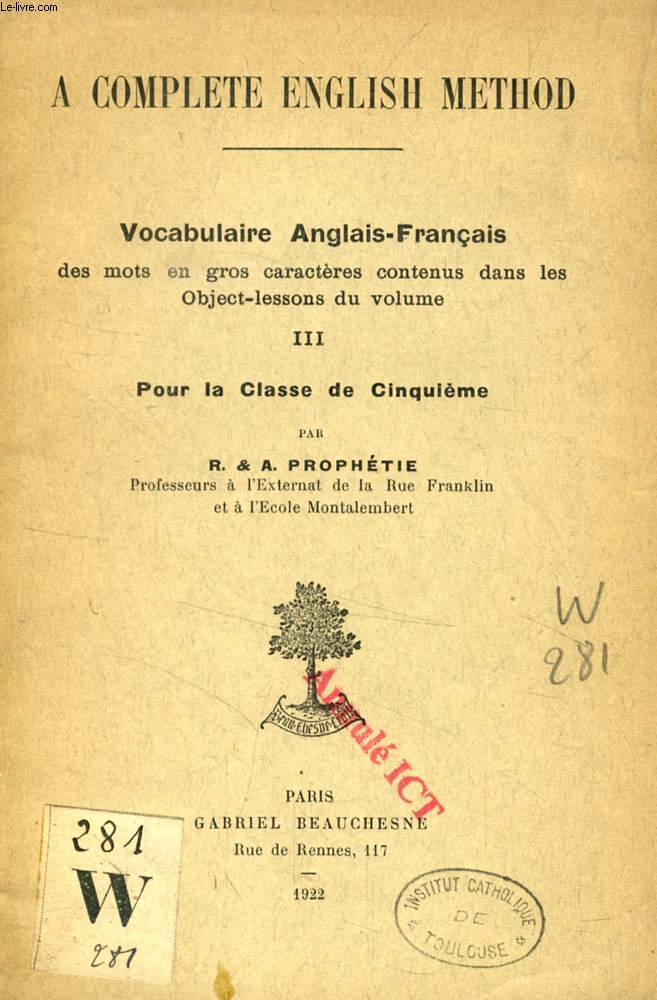 A COMPLETE ENGLISH METHOD, III, VOCABULAIRE ANGLAIS-FRANCAIS, CLASSE ED 5e