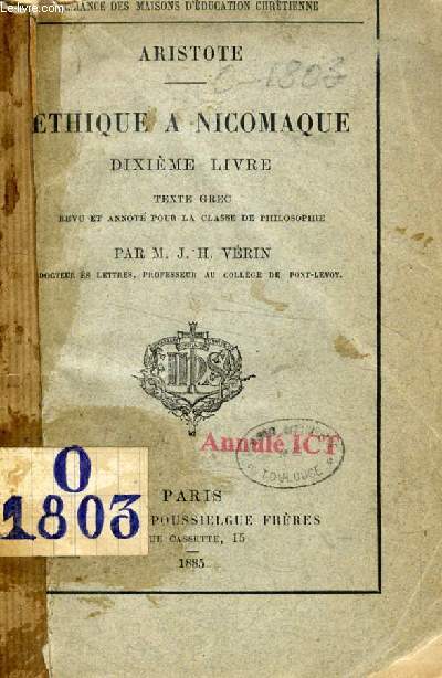 ETHIQUE A NICOMAQUE, 10e LIVRE, Texte Grec