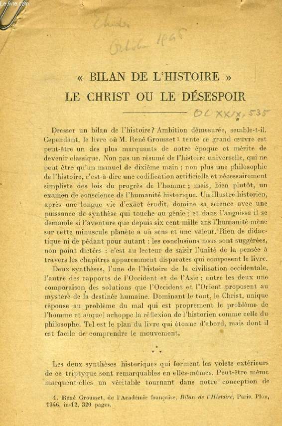 'BILAN DE L'HISTOIRE', LE CHRIST OU LE DESESPOIR (TIRE A PART)
