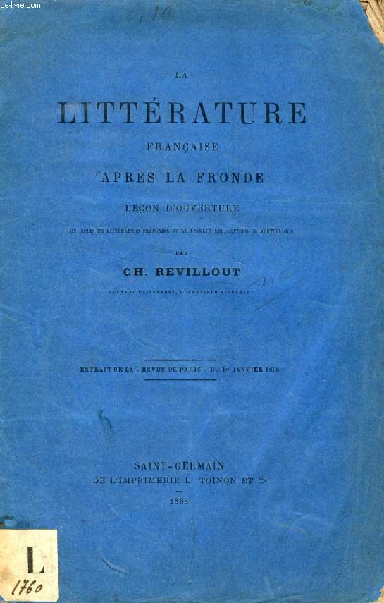 LA LITTERATURE FRANCAISE APRES LA FRONDE, Leon d'Ouverture (TIRE A PART)