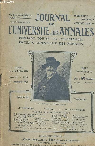 JOURNAL DE L UNIVERSITE - DES ANNALES - TOME II N 25 - PUBLIANT TOUS LES COURS ET CONFERENCES FAITS A L UNIVERSITE DES ANNALES RUE ST GEORGES, 51, PARIS