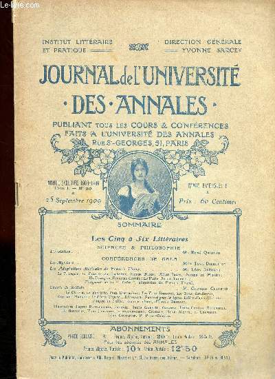 JOURNAL DE L UNIVERSITE - DES ANNALES - PUBLIANT TOUS LES COURS ET CONFERENCES FAITS A L UNIVERSITE DES ANNALES RUE ST GEORGES, 51, PARIS - 25 SEPTEMBRE 1909