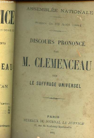 ASSEMBLEE NATIIONALE - SEANCE DU 13 AOUT 1884 - DISCOURS PRONONCE PAR M. CLEMENCEAU SUR LE SUFFRAGE UNIVERSEL