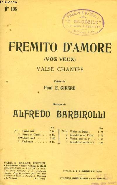 N106 FREMITO D'ARMORE (frmissement d'amour) valse lente partition pour le chant