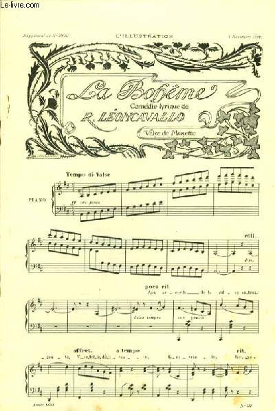 LA BOHEME pour piano SUPPELEMENT AU N2958 A L'ILLUSTRATION DU 4 NOVEMBRE 1899