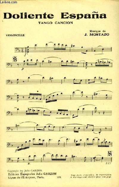 DOLINETE ESPANA tango cancion et LA CLAVALLERA tango partitions pour violoncelle ou trombone, trompette, saxophone, batterie et contrebasse PARTITION POUR ORCHESTRE