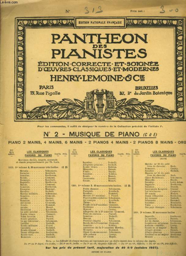 PANTHEON DES PIANISTES N 313 NOCTURNE ( N3 DES CHANTS D'AMOUR)