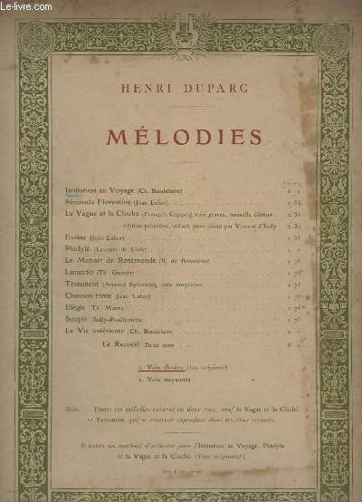 MELODIES - INVITATION AU VOYAGE - VOIX ELEVEES - CHANT ET PIANO.