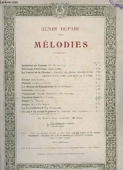 MELODIES - CHANSON TRISTE - VOIX ELEVEES - CHANT ET PIANO.