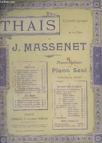 THAIS - N 1A : MEDITATION - EDITION ORIGINALE POUR PIANO SEUL.