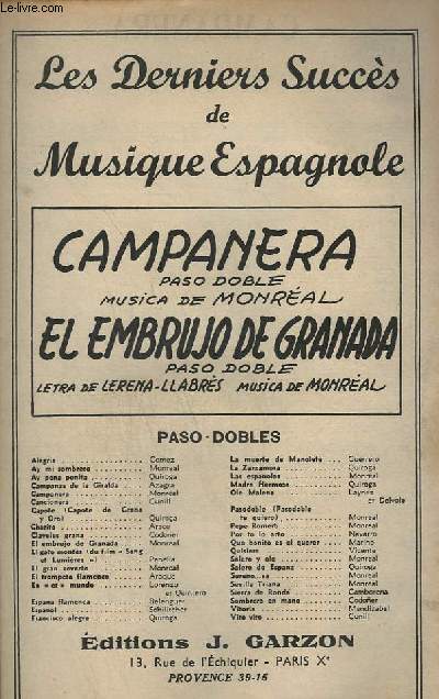 CAMPANERA + EL EMBRUJO DE GRANADA - VIOLON + PIANO CONDUCTEUR + CONTREBASSE + 1 SAXO ALTO MIB + 2 SAXO TENOR SIB + 3 SAXO ALTO MIB + 1 ET 2 TROMPETTES SIB + CHANT / ACCORDEON + BATTERIE.