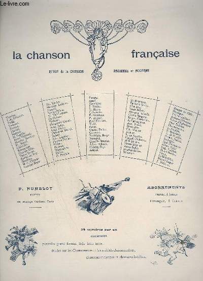LA CHANSON FRANCAISE - CHANSONS ! CHANSONS ! + LA VIEILLE CHANSON + L'OEUVRE DE LA CHANSON FRANCAISE + GAZETTE DU CAVEAU + LES PETITS AIRS ET LES PETITES CHANSONS + J'AI DE L'ARGENT + LES ETOILES DE LA CHANSON + LA CHANSON NORMANDE...