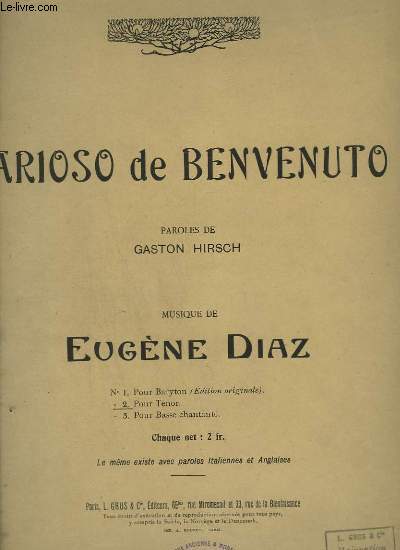 ARIOSO DE BENVENUTO - N5 BIS : ARIOSO - PIANO + CHANT TENOR.
