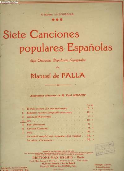 SIETE CANCIONES POPULARES ESPANOLAS - 7 CHANSONS POPULAIRES ESPAGNOLES POUR PIANO ET CHANT - N4 : JOTA.