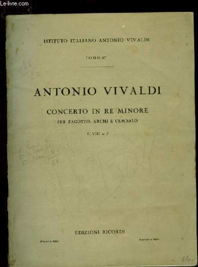 ANTONIO VIVALDI - CONCERTO IN RE MINORE PER FAGOTTO, ARCHI E CEMBALO - TOMO 67 - F. N VIII N5.