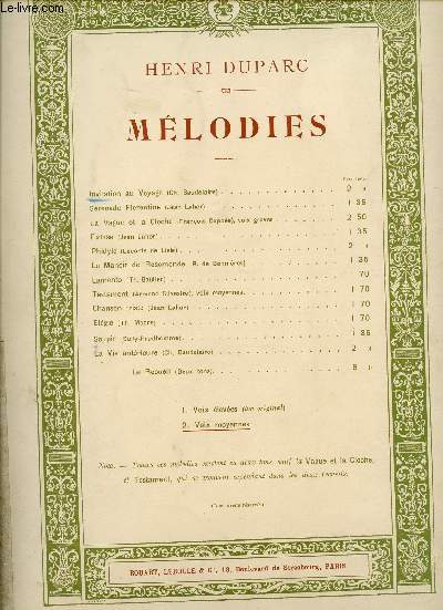 MELODIES - L'INVITATION AU VOYAGE - A MADAME HENRI DUPARC - N2 VOIX MOYENNES