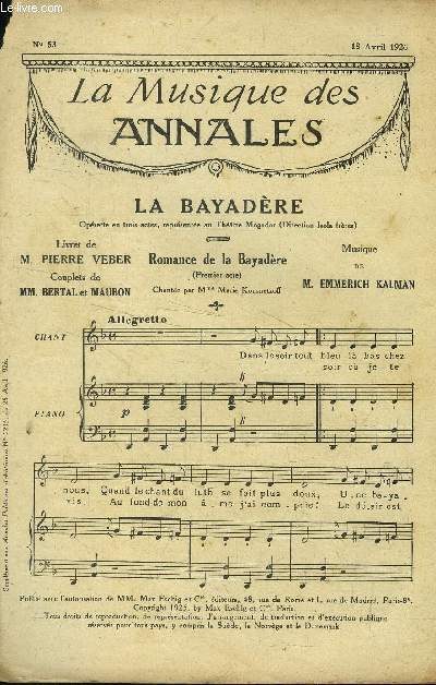 La musique des annales (supplment aux annales politiques et littraires) N 53 : 18 avril 1926 : La bayadre