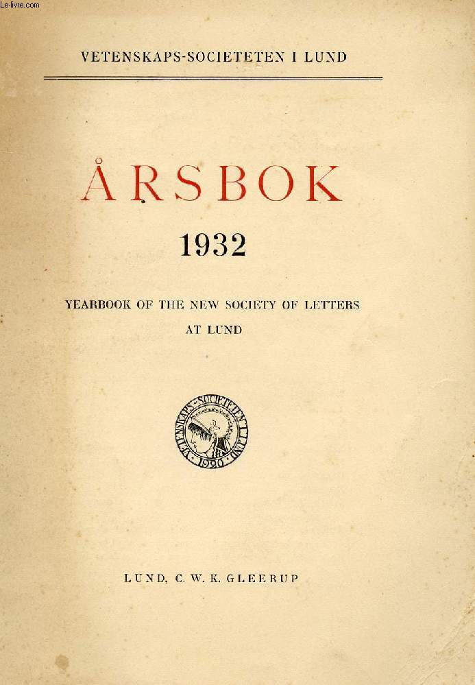 RSBOK 1932, YEARBOOK OF THE NEW SOCIETY OF LETTERS AT LUND