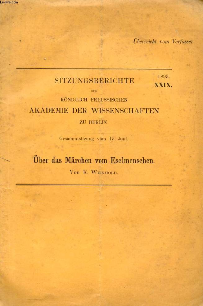 BER DAS MRCHEN VOM ESELMENSCHEN (SITZUNGSBERICHTE DER KNIGLICH PREUSSISCHEN AKADEMIE DER WISSENSCHAFTEN ZU BERLIN, XXIX, 1893)