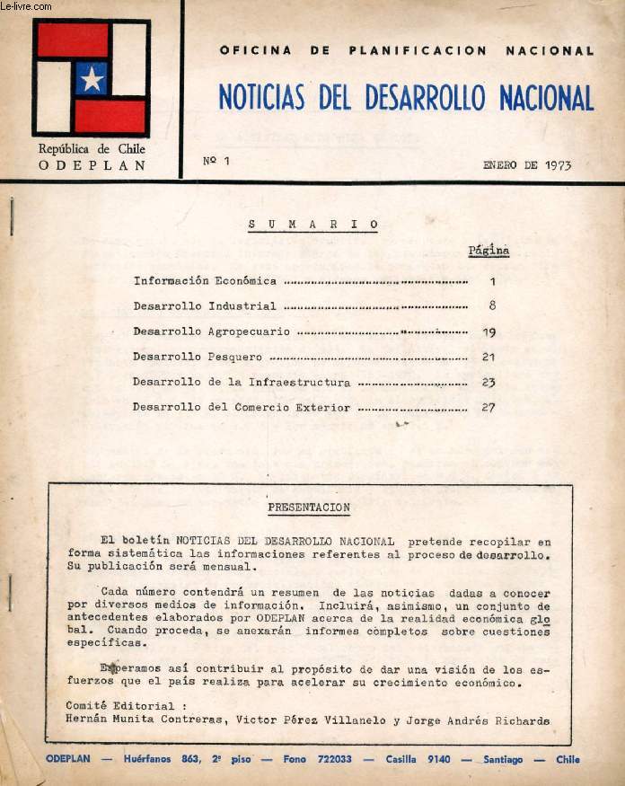 OFICINA DE PLANIFICACION NACIONAL ODEPLAN, NOTICIAS DEL DESARROLLO NACIONAL, N 1, ENERO 1973
