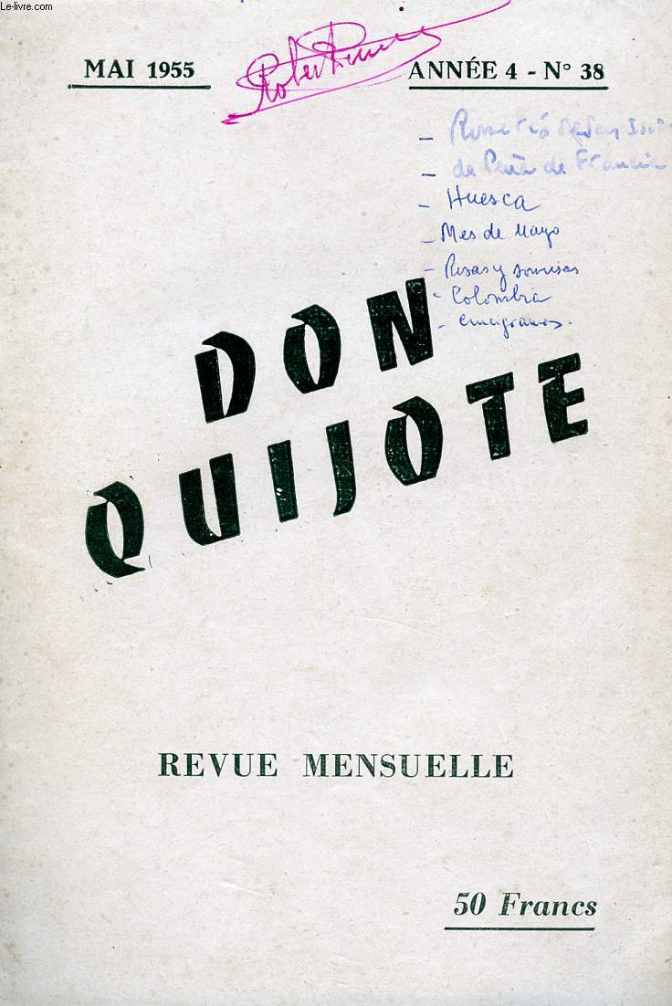 DON QUIJOTE, REVUE MENSUELLE POUR APPRENDRE A LIRE L'ESPAGNOL COURAMMENT, N 38, MAI 1955 (HUESCA)