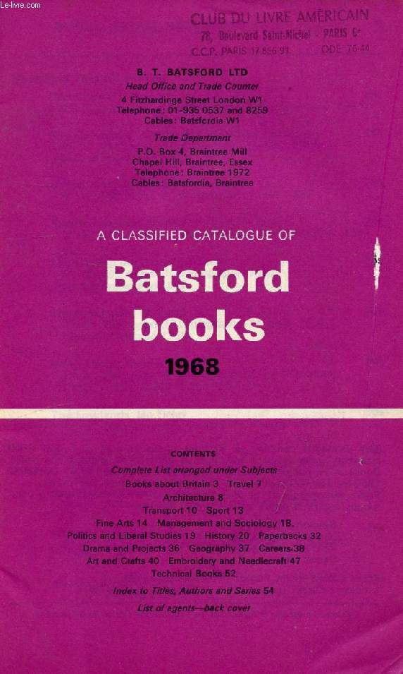A CLASSIFIED CATALOGUE OF BATSFORD BOOKS, 1968