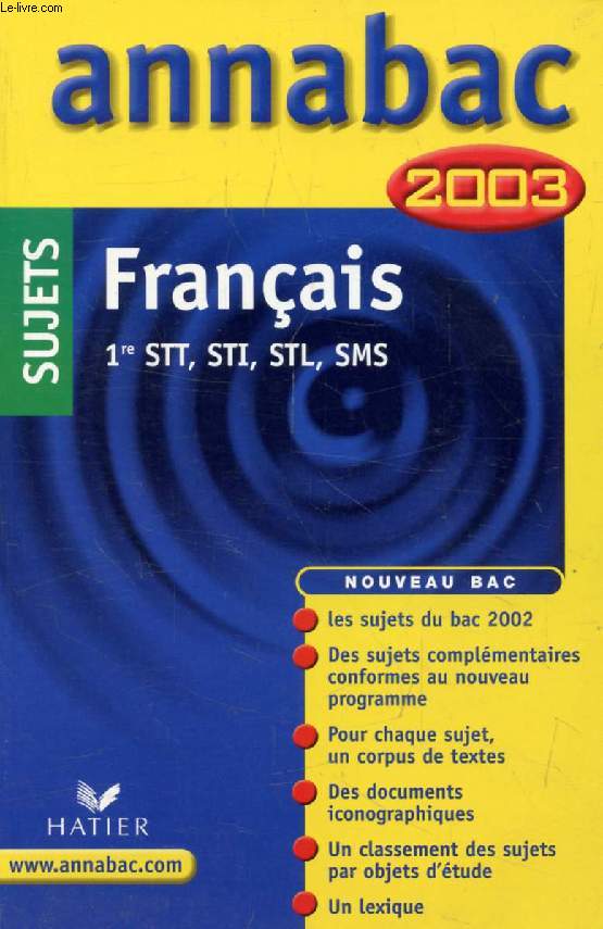 ANNABAC 2003, FRANCAIS STT, STI, STL, SMS, SUJETS