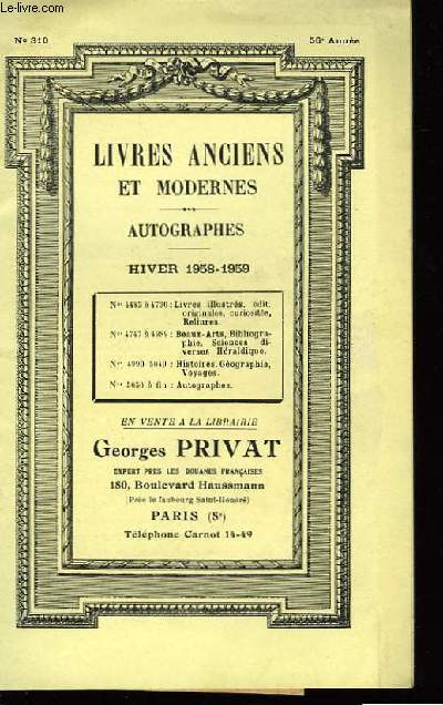 Catalogue de Livres anciens et Modenes N310.