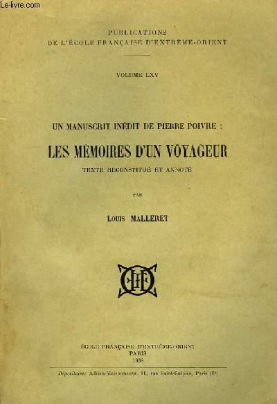 Un Manuscrit indit de Pierre Poivre : Les mmoires d'un voyageur.