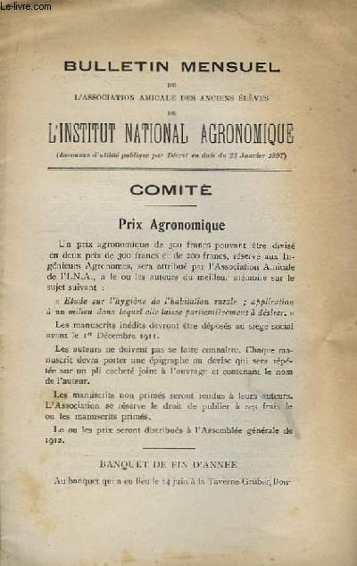Bulletin Mensuel de l'Institut National Agronomique.