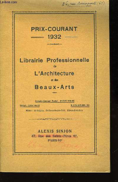 Librairie Professionnelle de l'Architecture et des Beaux-Arts. Prix Courant 1932