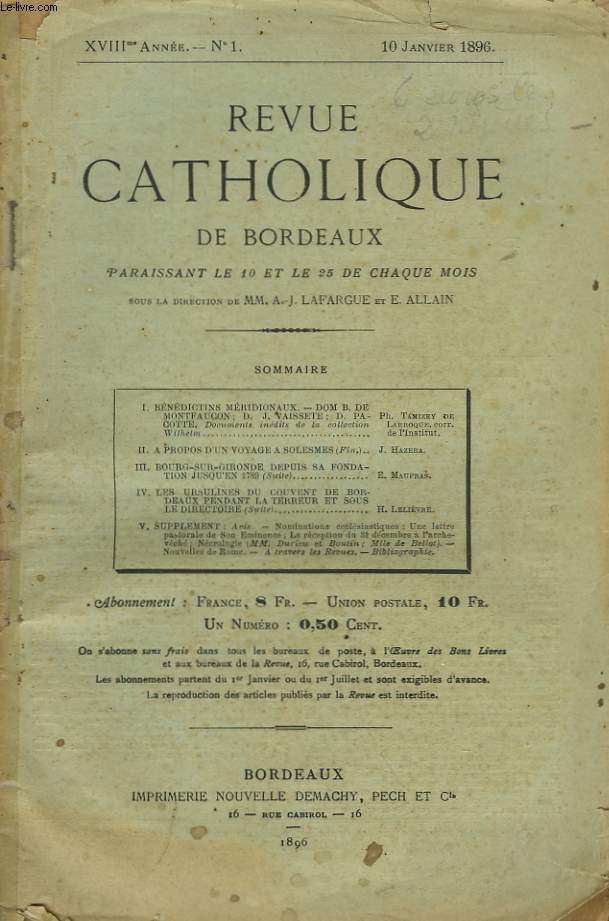 Revue Catholique de Bordeaux n1, 18me anne