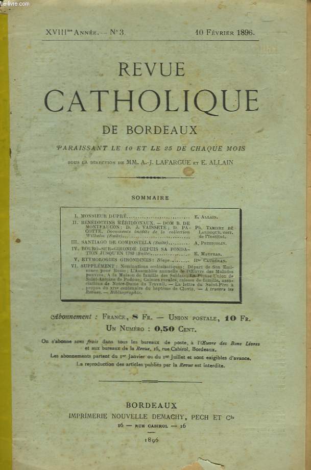Revue Catholique de Bordeaux, n3 18me anne.