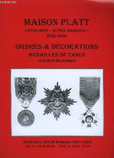 Catalogue d'Ordres & Dcorations, Mdailles de Table  sujets militaires.
