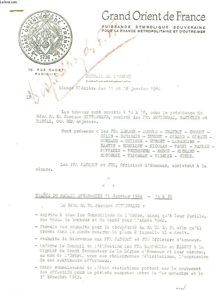 Conseil de l'Ordre, Sance Plnire des 11 et 12 janvier 1964.
