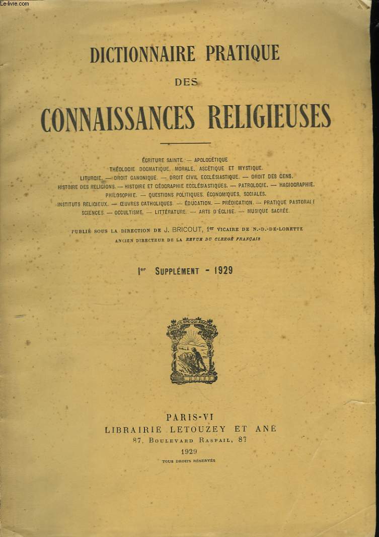 Dictionnaire pratique des Connaissances Religieuses. 1er supplment : 1929