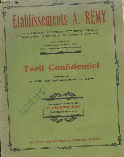 Catalogue de Tarif Confidentiel.