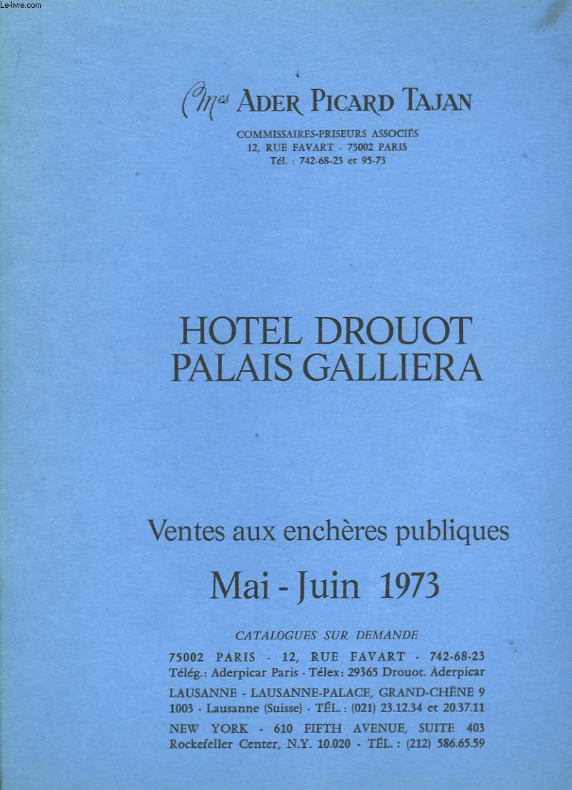 Catalogue de Ventes aux enchres publiques. Mai - Juin 1973