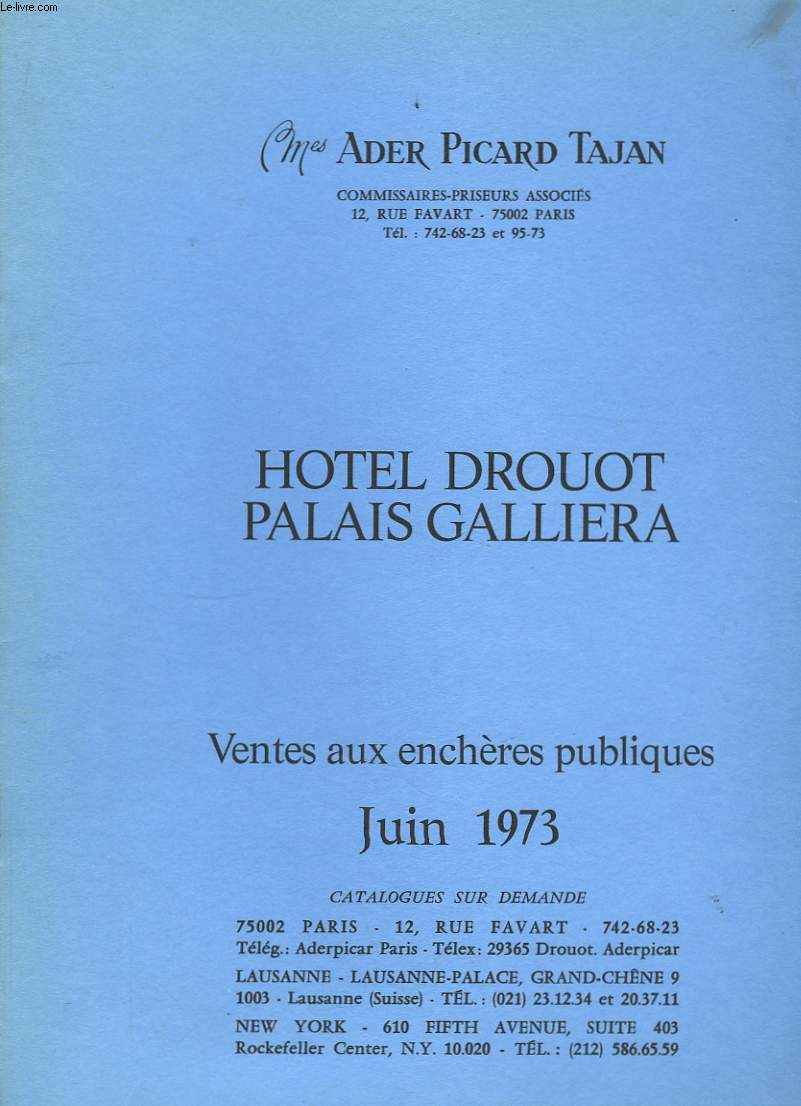 Catalogue de Ventes aux enchres publiques. Juin 1973