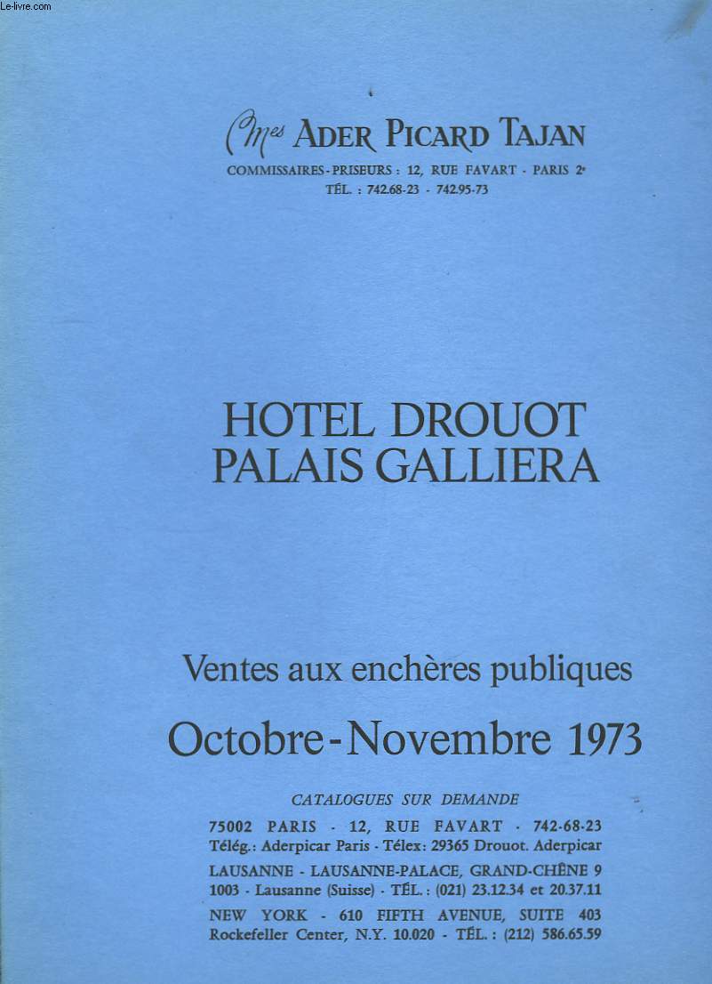 Catalogue de Ventes aux enchres publiques. Octobre - Novembre 1973