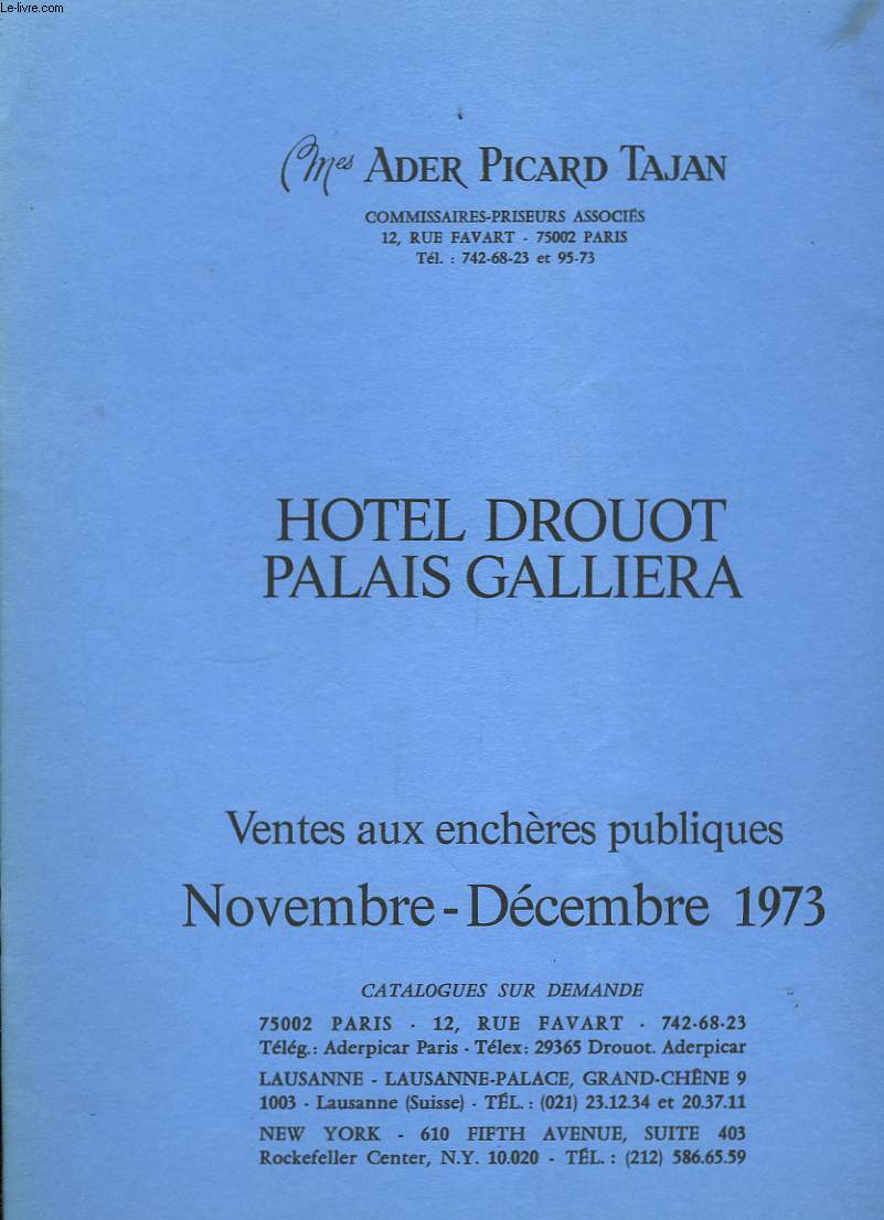 Catalogue de Ventes aux enchres publiques. Novembre - Dcembre 1973