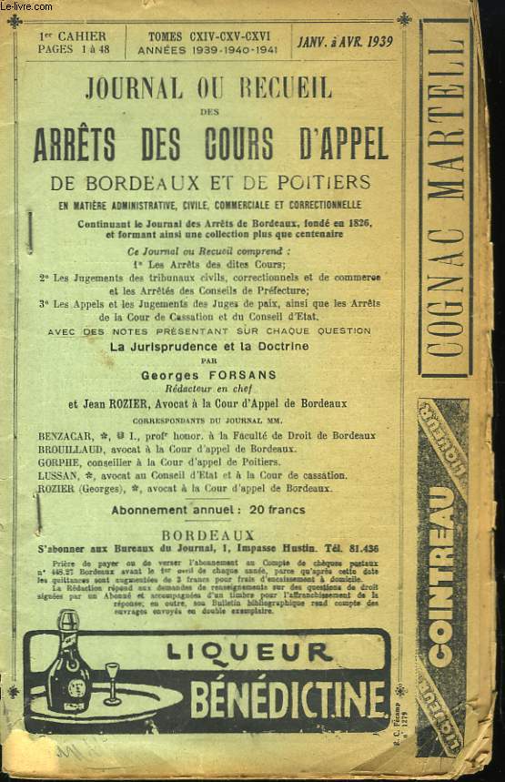 Journal, ou Recueil des Arrts des Cours d'Appel de Bordeaux et de Poitiers. 1er cahier.