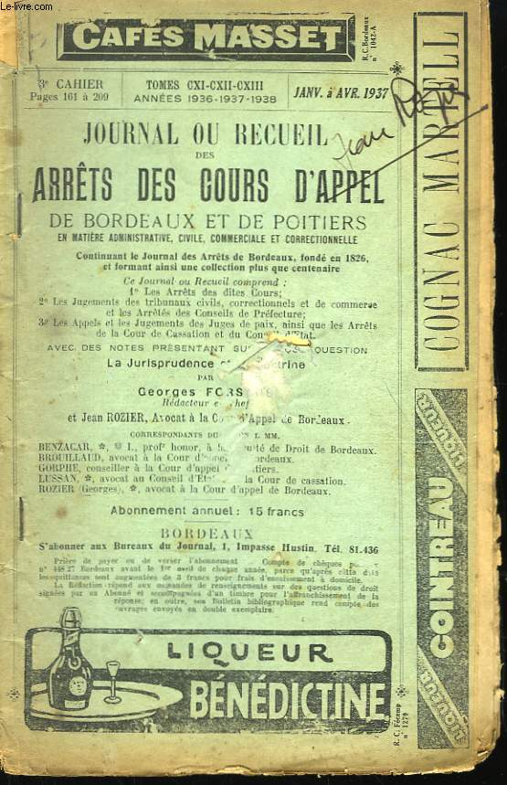 Journal, ou Recueil des Arrts des Cours d'Appel de Bordeaux et de Poitiers. 3me cahier.
